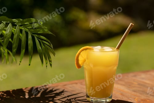 Preview: A glass of fresh orange juice on a wooden table under a palm tree branch