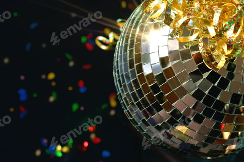 Preview: Shiny retro disco ball sparkling in the light with glittery ribbon and colorful confetti