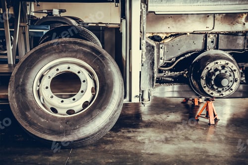 Preview: bus spare wheel tire waiting to change and axle bus on the lifting jack at the garage.