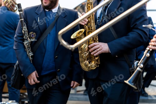 Preview: Band musicians with their instruments on the street. Typical music bands in Spain.
