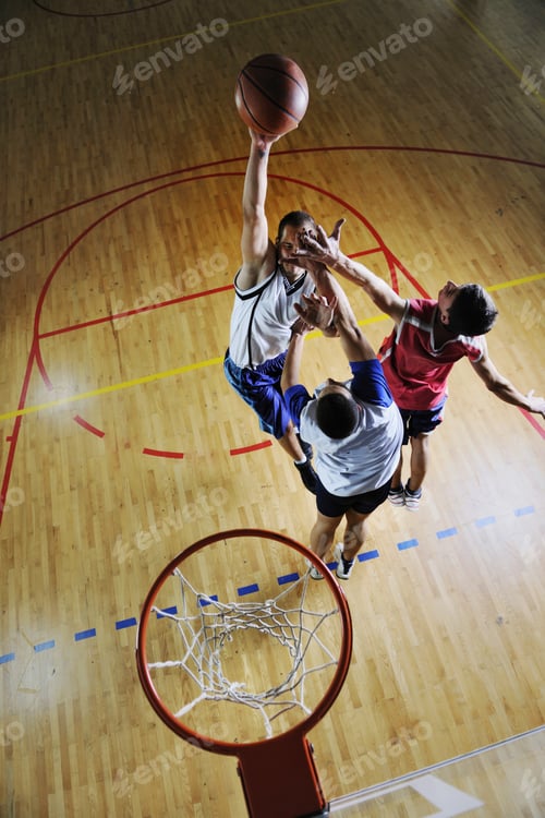 Preview: Competition Concept With People Who Playing And Exercise Basketball Sport In School Gym