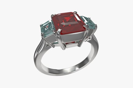 Preview: Ring with central red and lateral green gemstones