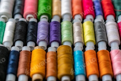 Preview: bunch of colorful sew threads lay on dark background isolated d