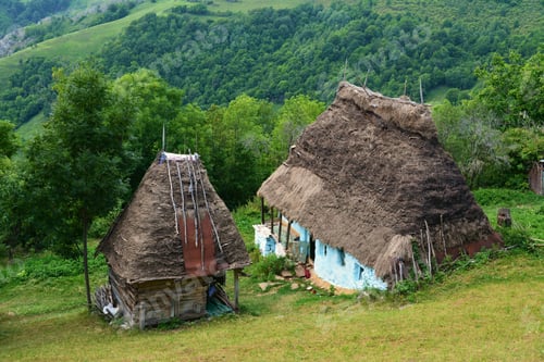 Preview: Top view of two small old rural houses with thatched roofs in nature
