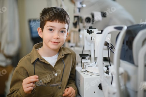 Preview: Boy holding eyeglasses during vision diagnostics in ophthalmology clinic