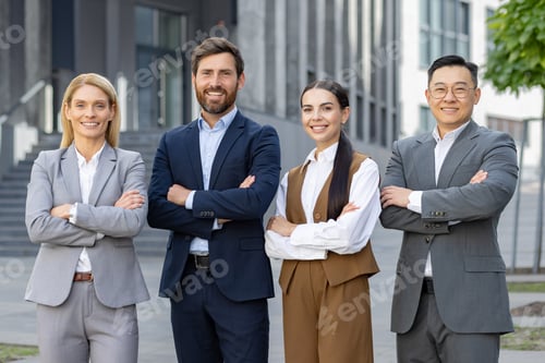 Vista previa: Confident business team standing outside office building