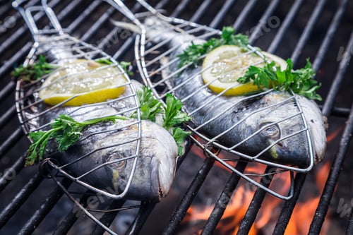 Preview: Grilling fresh fish with herbs and lemon on grill