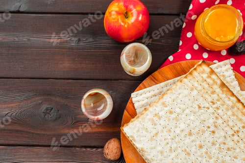 Preview: Jewish holiday Passover banner design with wine, matzo on wooden background.