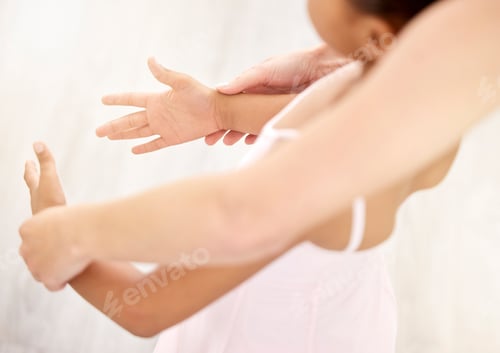 Preview: Hands, ballet and dance with a teacher and student in a class for dancing or performance arts. Arti