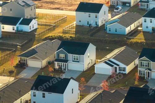 Preview: Aerial view of tightly located new family houses in South Carolina suburban area.