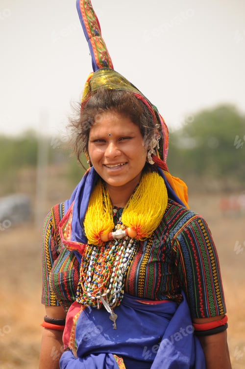 Preview: Young Banjara tribal women with ornaments and colorful dress, India