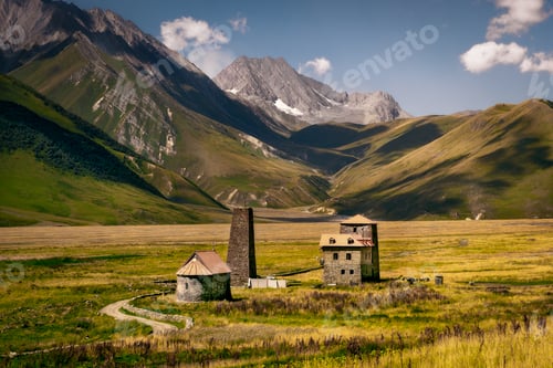 Preview: Landscape view of Caucasus mountains and stone houses and tower, Country of Georgia