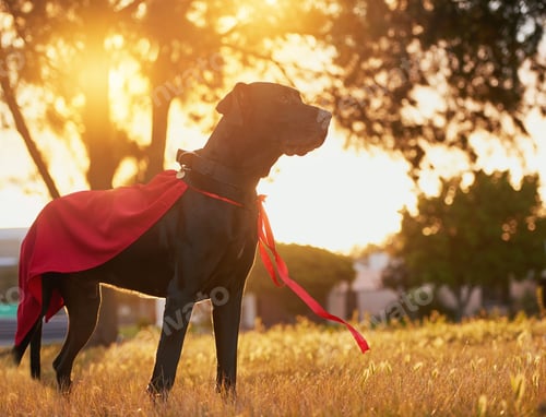 Preview: Ready to save the day. Shot of a dog with a cape standing outside.