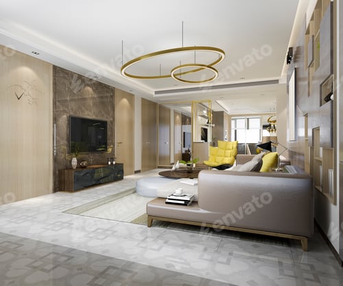 Preview: 3d rendering wood classic living room and dining room with bookshelf