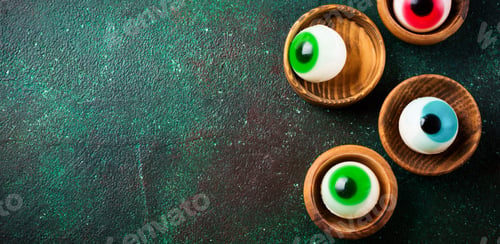 Preview: Halloween marshmallow colored eyes on a dark green old concrete background. Top view.