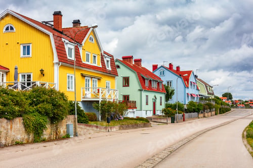 Preview: Scandinavian street with colorful houses in Karlskrona Sweden
