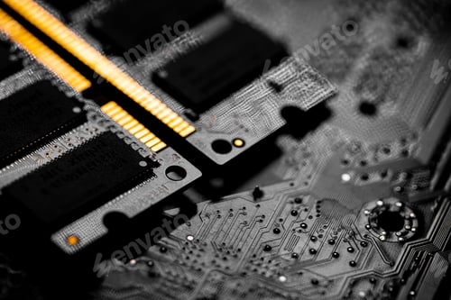 Preview: Close up shot of computer RAM chip and motherboard