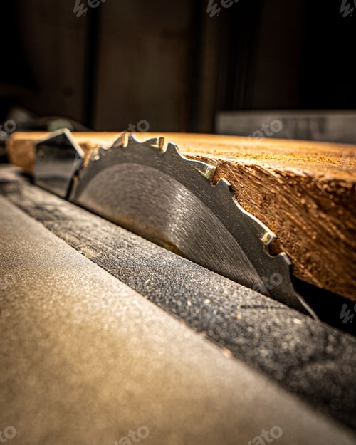 Preview: Closeup of a circular metal wood saw surrounded by materials