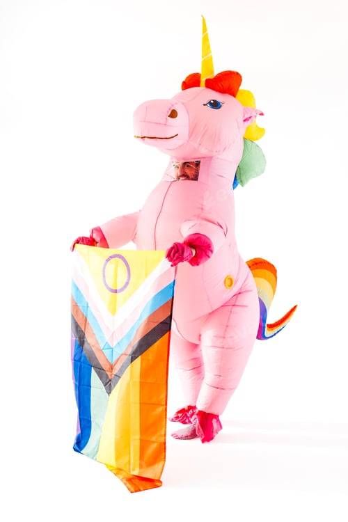 Preview: Pink inflatable unicorn holding rainbow flag