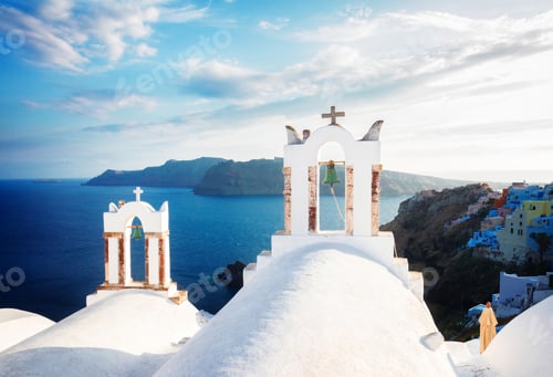 Preview: white belfries Santorini island, Greece