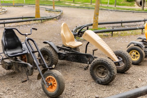 Preview: Various go-karts are parked on a dirt track in a recreational area, surrounded by grass and trees