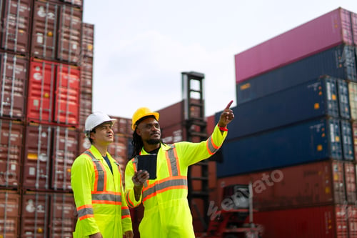 Preview: Blue collar workers are working at container warehouse.