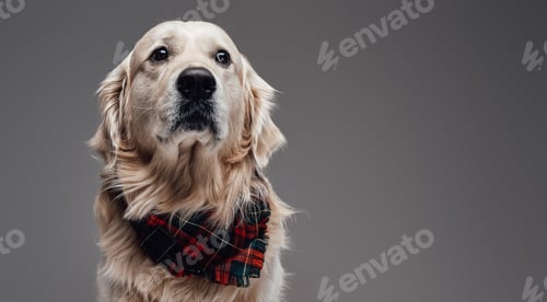 Preview: Headshot of a calm blond dog with a scarf in gray background