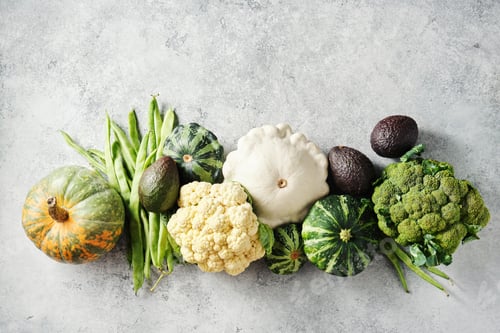 Preview: Broccoli, cauliflower, green beans, squash, and other fresh on a grey background