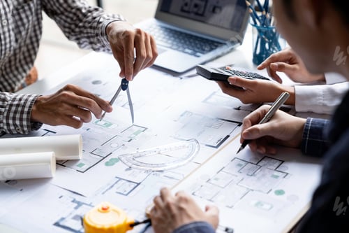 Preview: Architects, engineers, designers, working on concepts, planning, blueprints, brainstorming, coming u