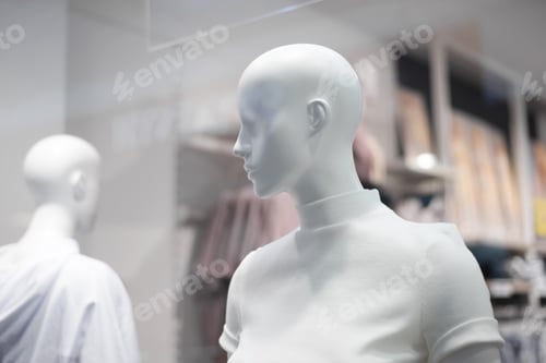 Preview: Female bald mannequins in white sweaters in the store, close-up. Selective focus
