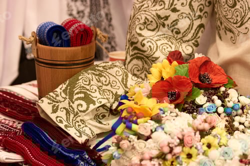 Preview: Textile and various colorful artificial flowers.