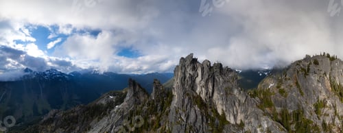 Preview: Aerial Canadian Mountain Landscape. Sunny Cloudy Day. BC, Canada. Nature Background Panorama