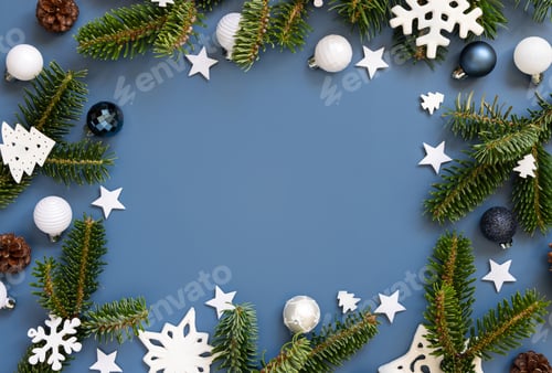 Preview: White Christmas decorations and fir branches on a blue top view with copy space