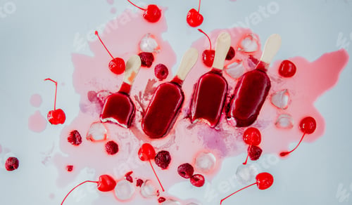 Preview: raspberries and cherry ice lollys on white background.