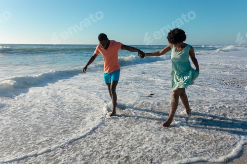 Preview: African american couple holding hands wading on shore at beach against sky during sunny day