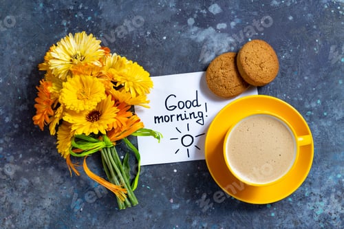 Preview: Notes good morning and coffee mug with bouquet of yellow flowers calendula on blue