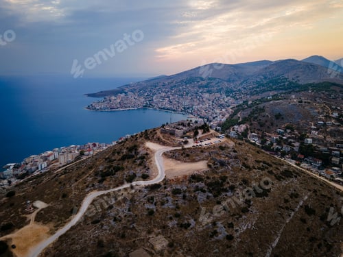 Preview: Albanian mountain panorama in warm evening light, Albania