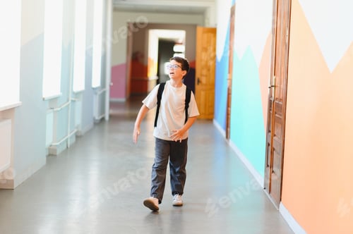 Preview: Schoolboy walking in school corridor during break time