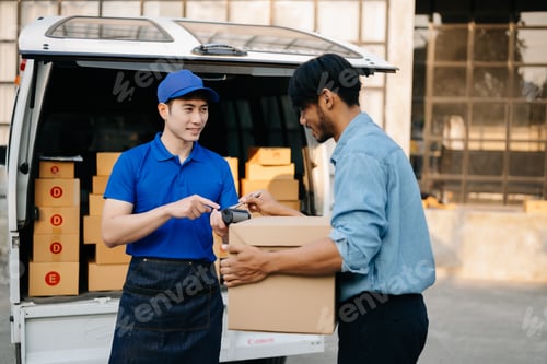 Preview: Express Delivery Service. Courier Delivering Package to asian man Delivery service, delivery