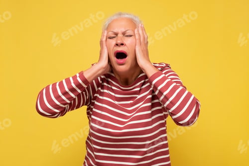 Preview: Emotional face woman portrait. Senior woman having terrible pain