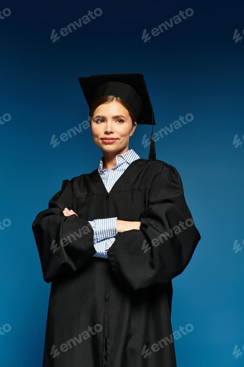 Preview: Celebrating achievement with pride, a modern woman in graduation attire against a vibrant backdrop