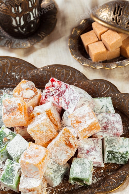 Preview: Turkish delight on a wooden table.