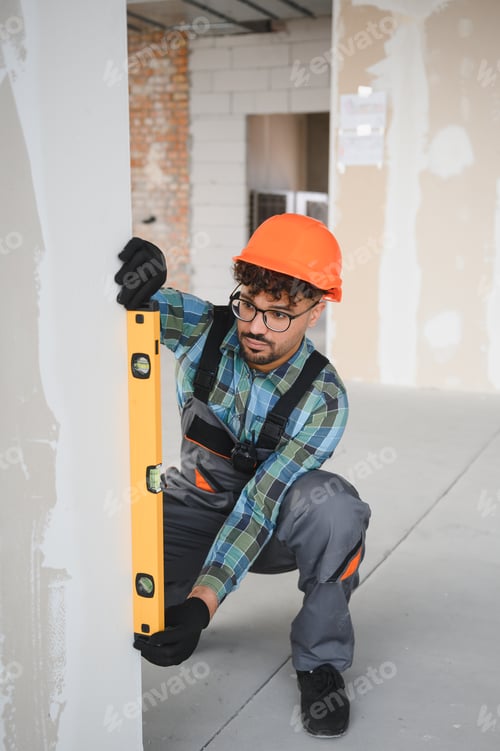 Preview: Construction worker checking wall straightness with spirit level