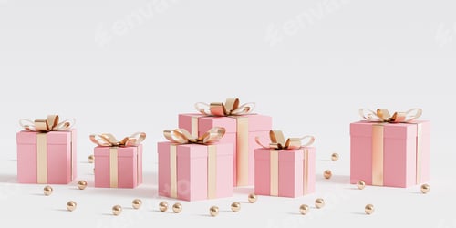 Preview: Pink gift boxes with golden ribbon on white background