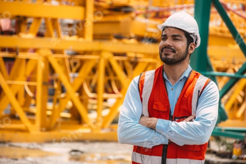Preview: Smart Happy confident Indian construction worker standing smile arm crossed
