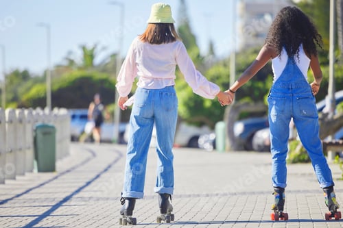 Preview: Rollerblading, holding hands and girl friends back on outdoor promenade with balance and skating. W