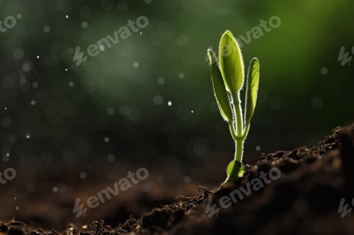 Preview: Water drops falling onto young plant with green leaves in soil outdoors, closeup. Space for text