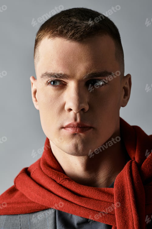 Preview: A handsome young man features a trendy haircut, dressed elegantly with a striking red scarf.