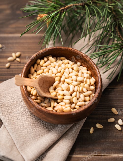 Preview: Pine nuts in a bowl on a dark wooden background with branches of pine needles close up.