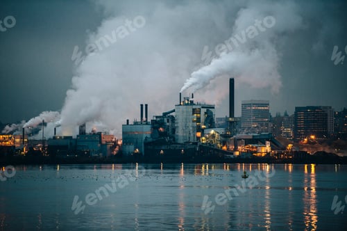 Preview: View of industrial plant and smoke stacks at night, Tacoma, Washington, USA